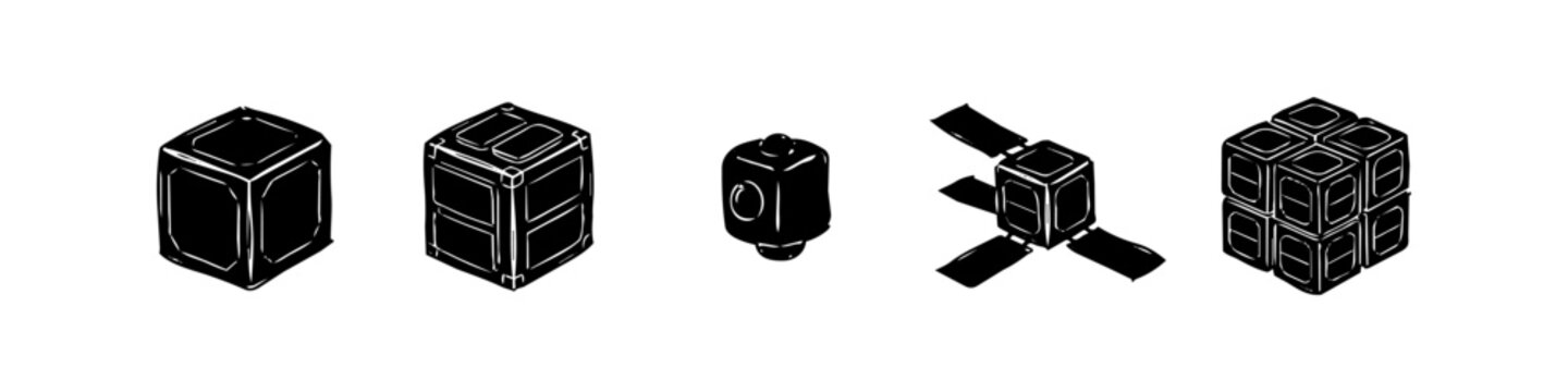 Hand-drawn collection of black and white technology icons featuring cubesats, modular components, and geometric cubes in a minimalist ink sketch style for engineering and tech designs.