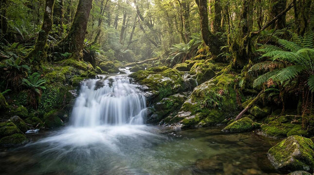 serene forest waterfall, mossy rocks and ferns, natural sunlight