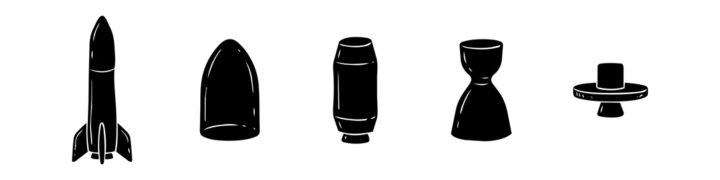 Black silhouette collection of rocket components including the full rocket, nose cone, fuel tank, and engine nozzle isolated on a white background for space exploration concepts.