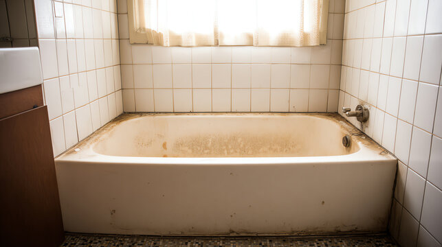 An unused bathtub in a bathroom, featuring dirty tiles and a dimly lit atmosphere, evoking feelings of neglect and disuse.