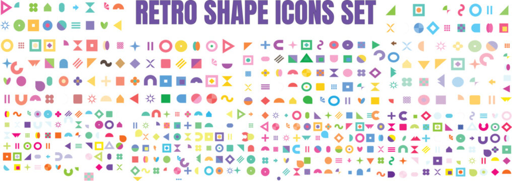 Retro shape icons set, colorful geometric abstract elements vector collection, vintage 90s style graphic design symbols for modern branding