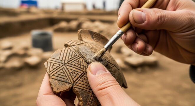 Archaeologist meticulously cleans ancient patterned pottery artifact