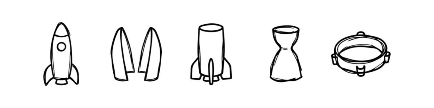 Hand-drawn doodle set of rocket components and spacecraft parts isolated on white background. Includes rocket ship, fairing, booster, and engine nozzle icons.