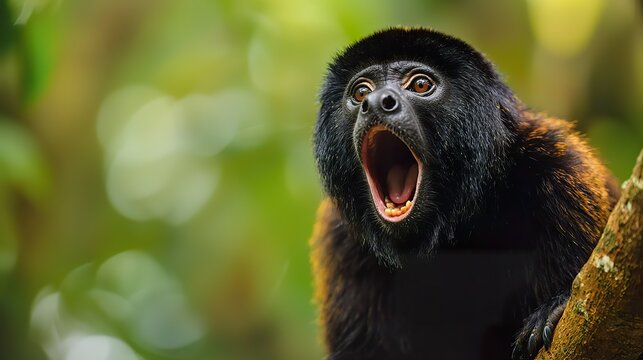 Howler monkey calling from a high tree branch in the rainforest, powerful vocalization