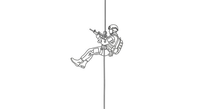 Soldier Descending Rope with Weapon in Tactical Operation.
