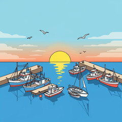 boats docked at sunrise harbor scene. © Syakilla
