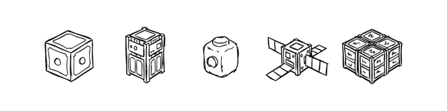 Hand-drawn set of five CubeSat and small satellite icons in a minimalist sketch style. Perfect for space technology, engineering, and educational themes. Black and white doodle collection.