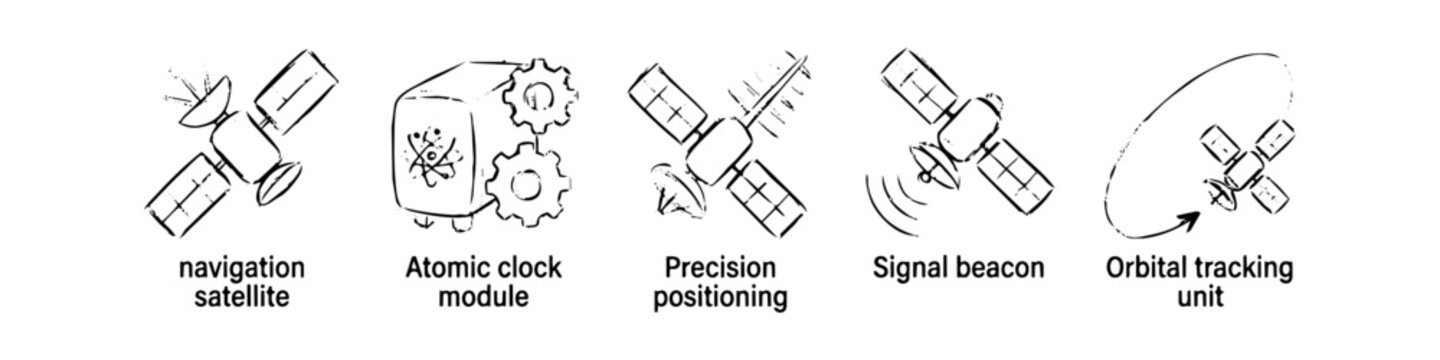 Hand-drawn sketches of satellite technology icons including navigation, atomic clock, precision positioning, signal beacon, and orbital tracking unit isolated on white background.