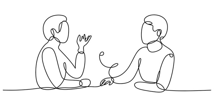 Continuous single line drawing of two people talking and having a friendly conversation together in a simple minimalist art style Vector, illustration
