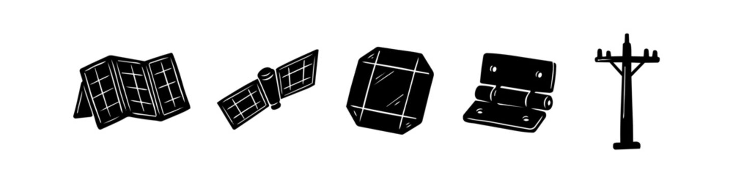 Set of hand-drawn vector icons featuring solar panels, a satellite, a crystal, a hinge, and a utility pole. Isolated black and white doodles representing energy and infrastructure concepts.