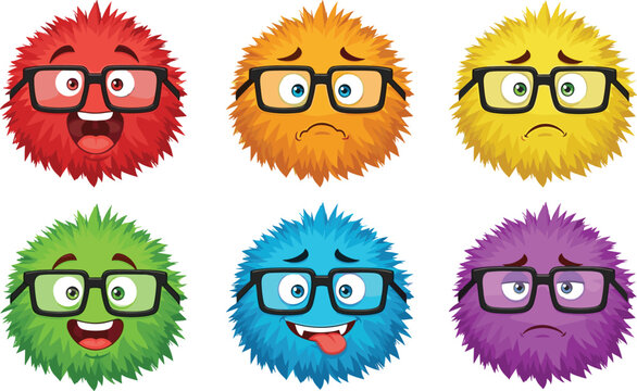 Cute fluffy monster faces set with glasses and different emotions illustrating cartoon characters, colorful mascots, and playful expression vector illustration collection