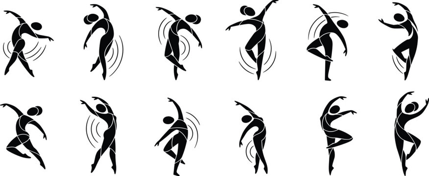 Set of 12 black dynamic minimalist dancer silhouettes in elegant poses with fluid motion line effects for abstract graphic design.