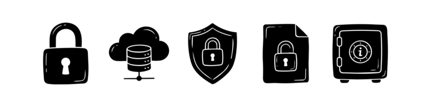 Hand-drawn doodle style icons for digital security and data protection, featuring a padlock, cloud server, shield, secure document, and a safe. Ideal for technology and privacy themes.