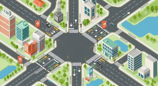 Isometric city intersection with a large roundabout and buildings.