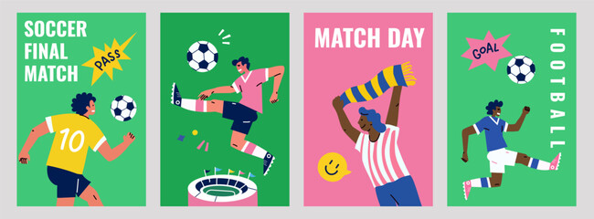 Fototapeta premium Vertical poster and flyer design set featuring soccer player figures for the 2026 world football tournament