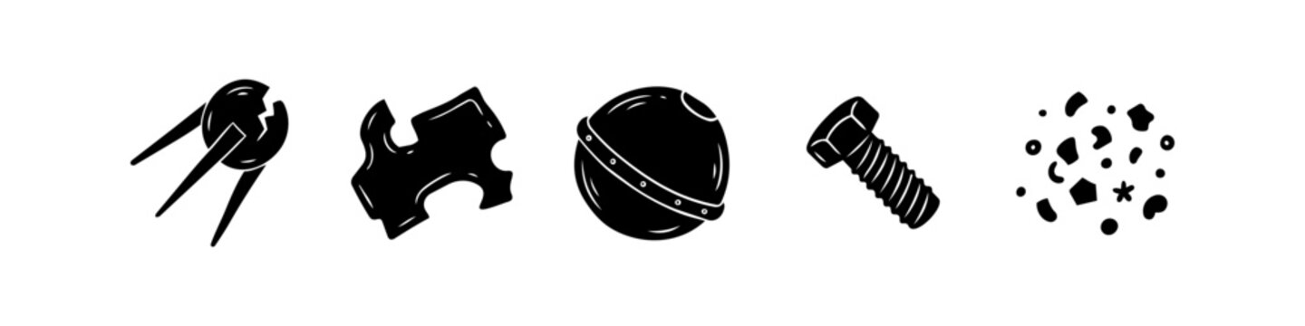 Black silhouettes representing space debris and orbital junk such as a broken satellite, puzzle piece, spherical part, bolt, and metal fragments on a white background.
