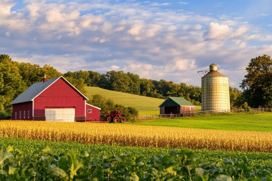 Views of a traditional American farm with a red barn and tractor under a cloudy sky