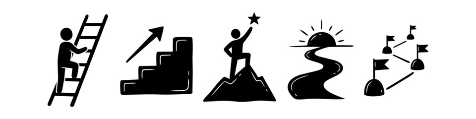 A set of black silhouette icons representing success, growth, and achievement, featuring a person climbing a ladder, a mountain peak, stairs with an arrow, a winding path, and milestones. © Trends