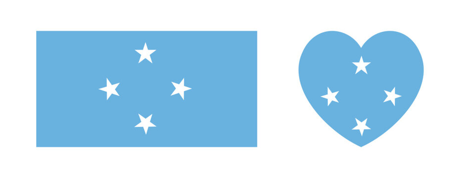 Federated States of Micronesia flag in heart, rectangle shape sticker, badge set. National Micronesia flag heart, rectangular icon, button. Country flag symbol, banner, background.