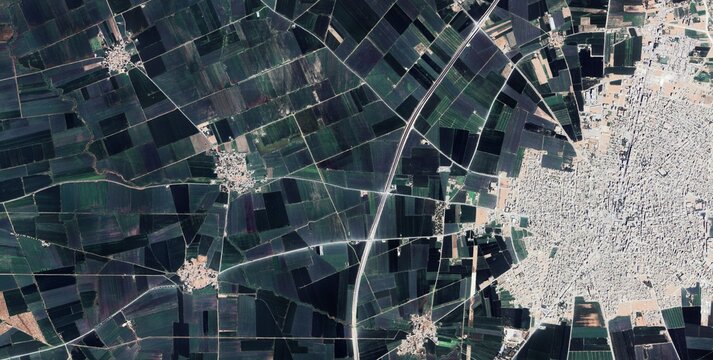 Suru&ccedil; District Agricultural Fields and Rural Settlement Aerial Satellite View, Şanlıurfa