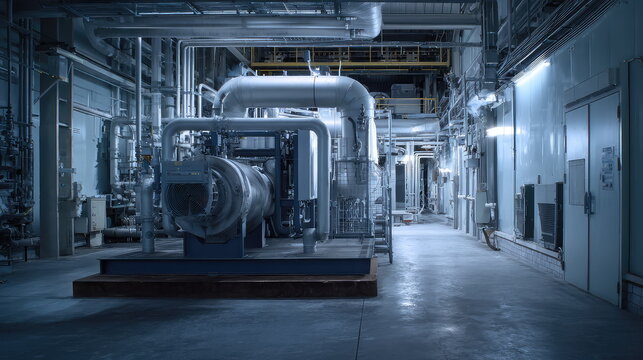 Industrial facility interior with large machinery and intricate