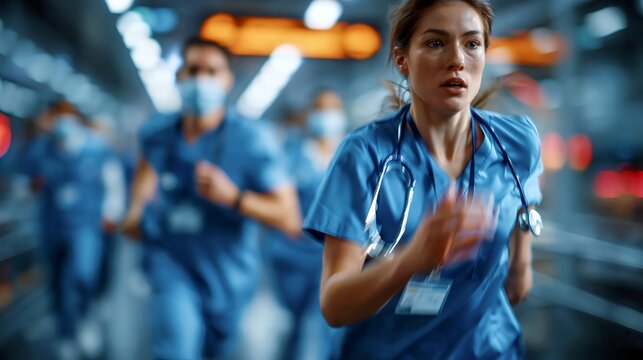 Emergency patient transport through hospital corridor with nurse running ahead