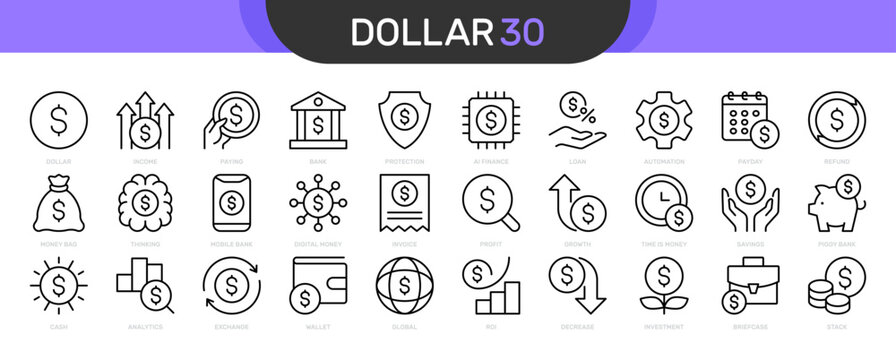 Dollar thin line icon set. USD Currency, American US Money, Finance, Banking, Financial concept. Black outline vector icons collection.