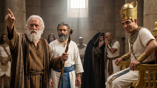 Moses and Aaron before Pharaoh throne, Aaron staff in hand, Moses authoritative gesture, Pharaoh skeptical lean