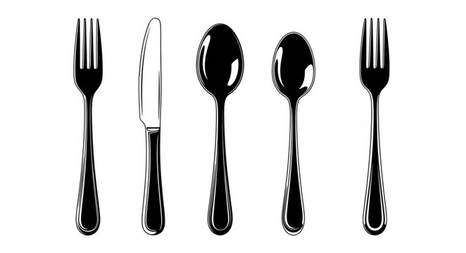 A set of silverware including forks spoons and a knife.