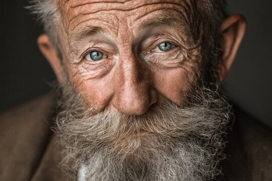 Intense close-up of an aged man's face with piercing blue eyes