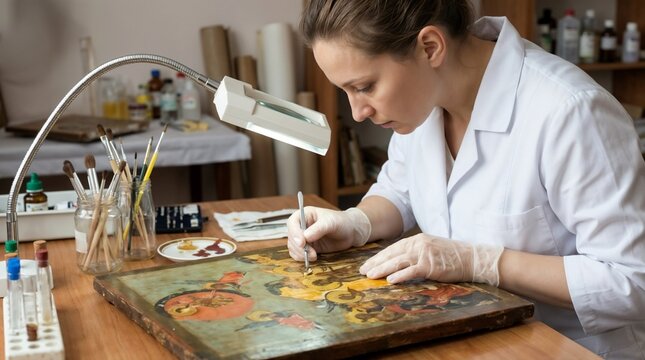 Conservation specialist carefully restoring ancient artifact in museum laboratory, protective gear, focused expression