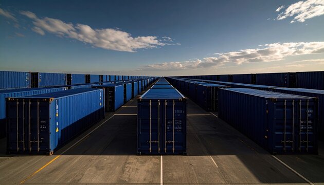 Rows of blue shipping containers in a vast logistics yard under a cloudy sky