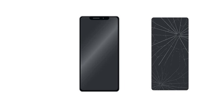 Smartphone Screen Replacement Process From A Damaged Cracked Display To A Clean New Screen. Flat Animation On white background Repair, Upgrade, And Mobile Phone Device Services, 