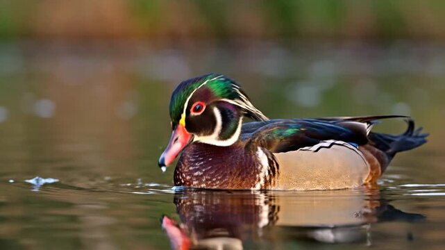 Colorful male wood duck (Aix sponsa) floating on a calm lake with soft ripples and reflections of its iridescent green crest and red eyes against a blurred natural background.