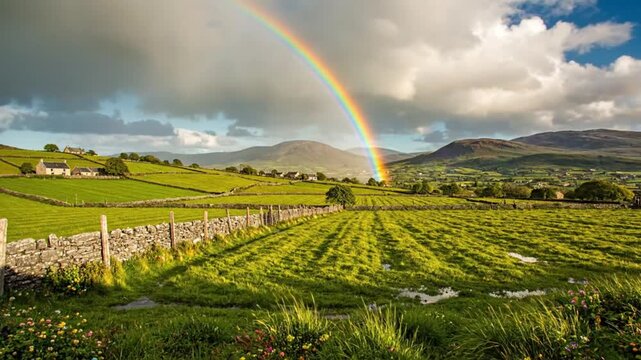 Scenic countryside landscape with green fields, stone walls, houses, mountains, and a vibrant rainbow under a cloudy sky.
