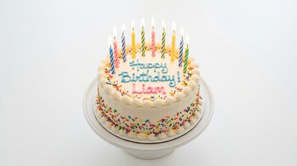 A beautifully decorated birthday cake with colorful candles and sprinkles, personalized with the name Liam, ready for a celebration