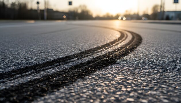 Burnt rubber mark on street showing tire tracks on asphalt surface for road safety and reckless driving concept with golden hour lighting on city highway