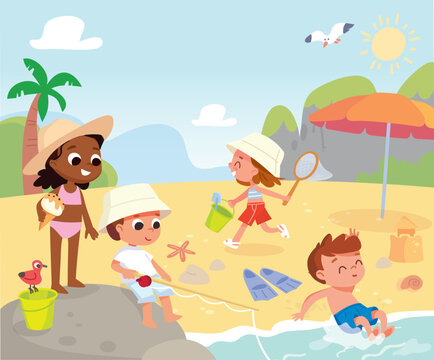 Children spend time on the beach during the summer holidays. They sunbathe and eat ice cream by the sea. They go fishing. People are enjoying a sunny day.