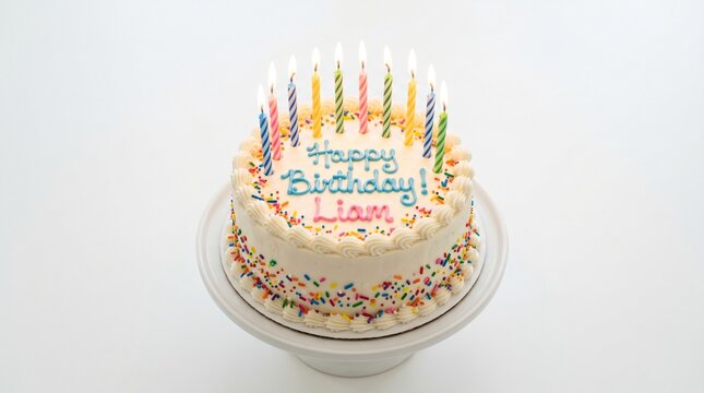 A beautifully decorated birthday cake with colorful candles and sprinkles, personalized with the name Liam, ready for a celebration