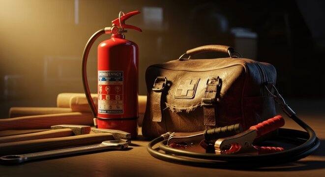Red Fire Extinguisher Placed Beside Leather Bag