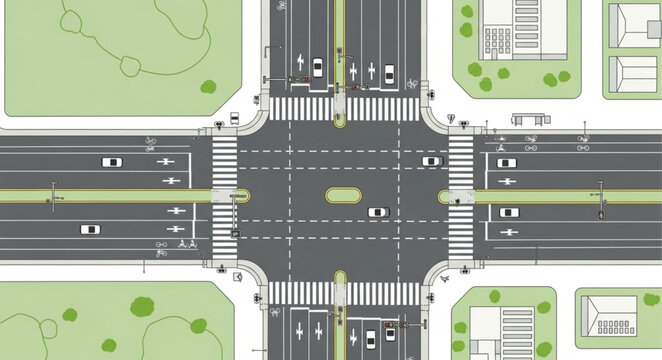 Aerial view of a busy city intersection with traffic and crosswalks.