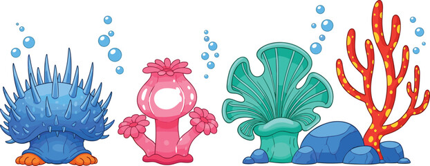 Cartoon coral reef elements set with colorful sea plants, underwater flora, and marine decorations illustrating ocean life, aquatic environment, and vector illustration © jafrine