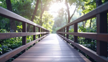 Fototapeta premium Wooden bridge pathway leading into a sunlit forest scene, perfect for serene outdoor exploration.