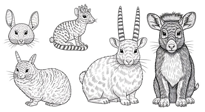 A detailed line art collection showcasing diverse whiskered mammals, from enchanting rabbits to unique horned creatures, rendered in a striking monochrome illustration style