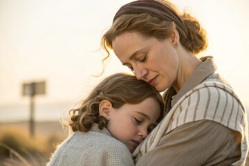 Fototapeta premium Tender Moment Between Mother and Daughter in Soft Light at Dusk Emphasizing Emotional Connection