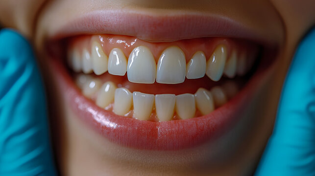 Close-up macro shot of person's healthy, bright white teeth and gums, with vibrant pink lips, gently pulled back by gloved hands, showcasing perfect smile and dental hygiene