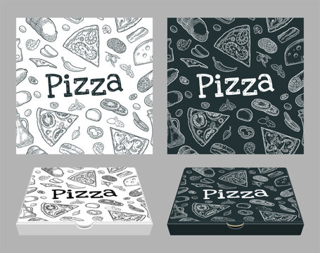 Seamless pattern slice pizza Pepperoni, Hawaiian, Margherita, Mexican, Seafood, Capricciosa with ingredients. Vintage vector engraving illustration for poster, menu, box.
