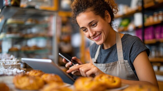 Bakery owner confirming customer order on mobile phone and tablet at pastry counter
