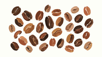 Obraz premium A vibrant collection of roasted coffee beans scattered across a clean white background, showcasing their rich brown hues and diverse textures ideal for culinary or beverage themes.