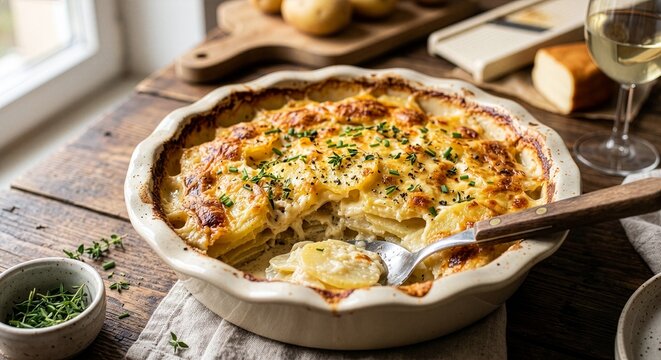 Ziemniaki "Dauphinoise" z wędzonym serem. Zapiekanka ziemniaczana. Ziemniaki krojone na mandolinie, przekładane wędzonym twarogiem i śmietaną, z chrupiącą sk&oacute;rką.